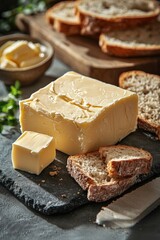 fresh butter in various forms rolled, cubed, and spread set against a smooth, pale grey background