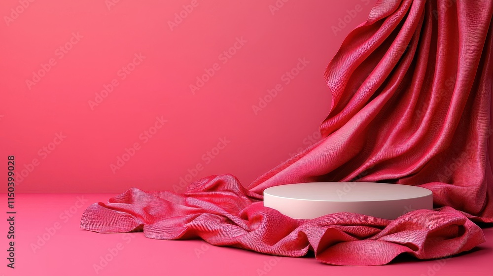 Poster elegant round display platform with flowing pink fabric background