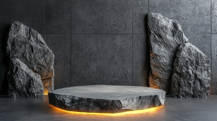A stone slab podium placed in front of a textured concrete wall, illuminated by moody directional lighting