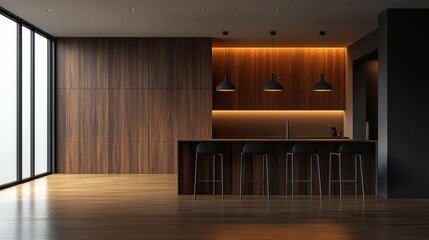 Fototapeta premium A sleek wooden stage set in a modern kitchen illuminated by soft daylight