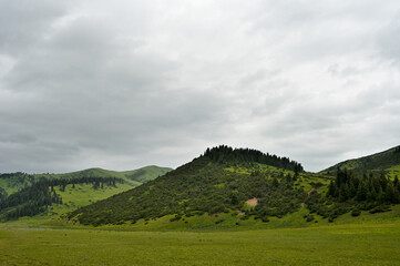 Mountains views of meadows and rivers on a summer cloudy day , Kazakhstan, Kegen, Aktas mount, Tekes river.