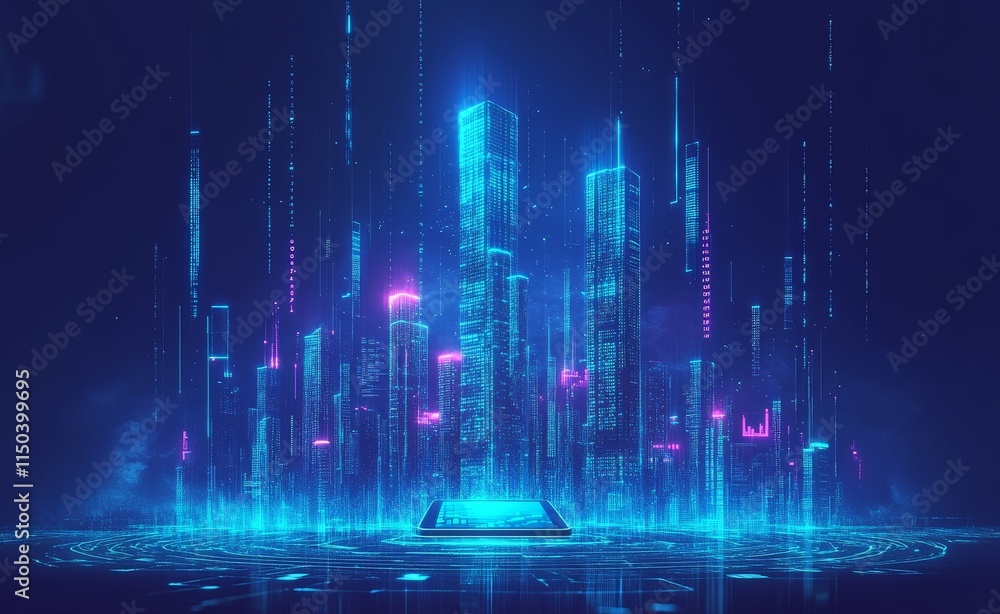 Poster futuristic cityscape with neon lights and digital elements creating a vibrant high-tech environment 