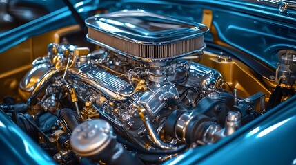 Fototapeta premium Classic car engine close-up, chrome and gold details.