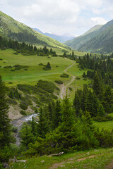 Mountains views of meadows and rivers on a summer cloudy day , Kazakhstan, Kegen, Aktas mount, Tekes river.