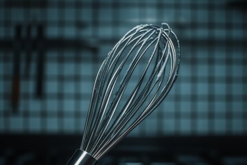 A sleek metal whisk glistens in the kitchen. Perfect for blending and whipping ingredients seamlessly. Elevate your cooking skills with this essential tool. Generative AI