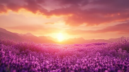 Beautiful rural landscape of a green meadow with lavender fields at sunset, bathed in golden sunlight against a vibrant blue sky
