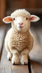 Obraz premium A cute, fluffy lamb standing on wooden flooring, exuding a friendly demeanor.