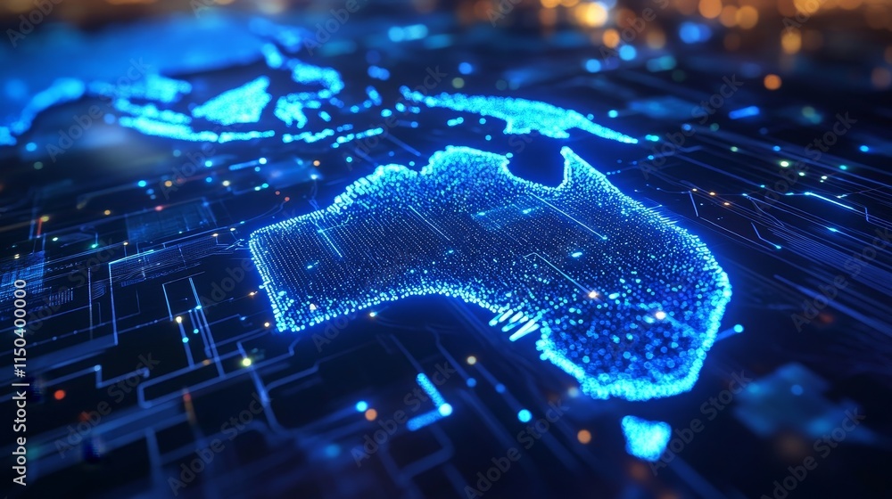 Poster visual representation of a digital map of australia illuminated by blue lights against a tech-inspir