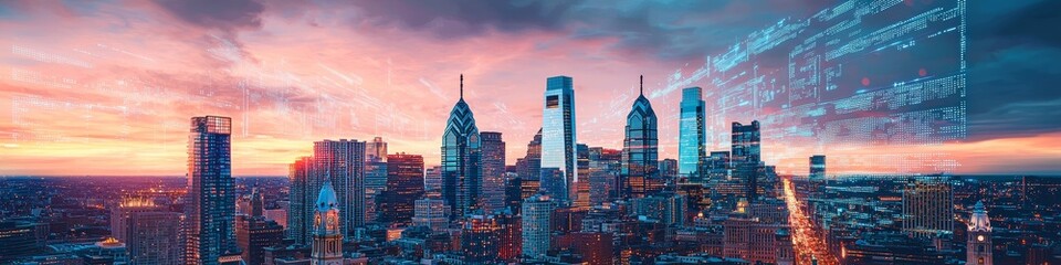 Fototapeta premium Sunset View of Philadelphia Skyline Showcasing Modern Architecture and Digital Overlay Depicting Technology and Innovation in the City Atmosphere