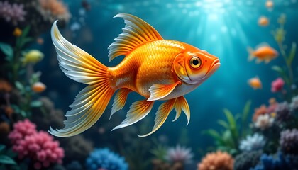 A goldfish swimming gracefully on a pristine white surface. This versatile image can be used in various projects and designs.