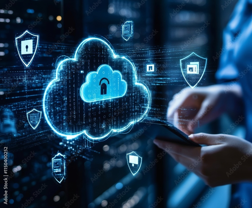 Aufkleber cloud computing security management in a digital environment with user accessing data on tablet devi