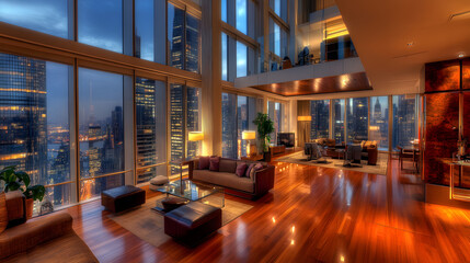 Fototapeta premium A grand penthouse living space with polished wooden floors chic furniture and panoramic windows framing a luminous cityscape.
