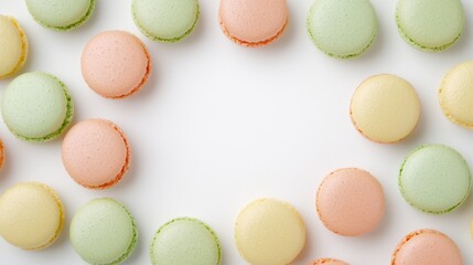 Obraz premium Colorful Macarons Arranged in a Circular Pattern on White Background