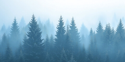 A serene, abstract minimalist background featuring misty snow-covered evergreen trees in a soft blue hue