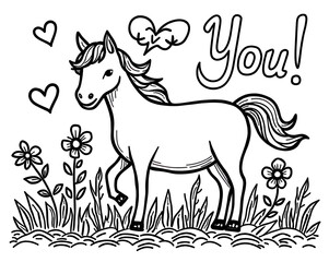 Fototapeta premium Happy Horse in Spring Meadow with Hearts