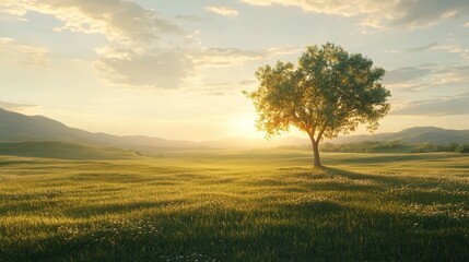 Silhouetted trees stand tall against a fiery sunset sky, casting long shadows across a vast green meadow