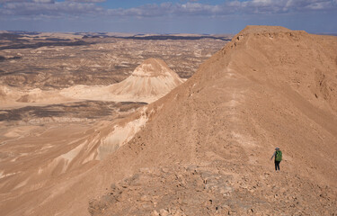 Majestic mountain landscape in the Nahal Ashosh Nature Reserve, Negev Desert. Orange sandstone hills and mountain folds. Hikers in the trails less travelled. Active lifestyle. Outdoor vacation.