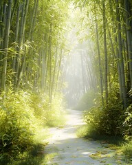 A peaceful bamboo forest pathway bathed in soft sunlight, creating a serene and tranquil atmosphere, ideal for relaxation and meditation.