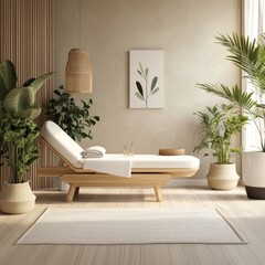 Elegant and Serene Lounge Area Featuring a Minimalist Chaise Longue Surrounded by Lush Green Plants in a Sunlit Room