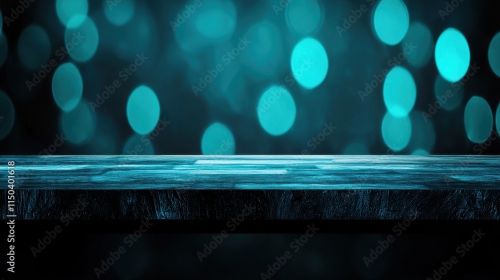Poster abstract background with soft blue bokeh and dark wood table surface