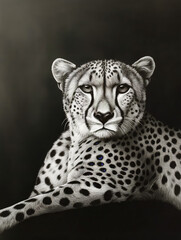Naklejka premium A stunning closeup of a cheetah lying calmly, showcasing its striking spotted coat and intense gaze in a soft background.