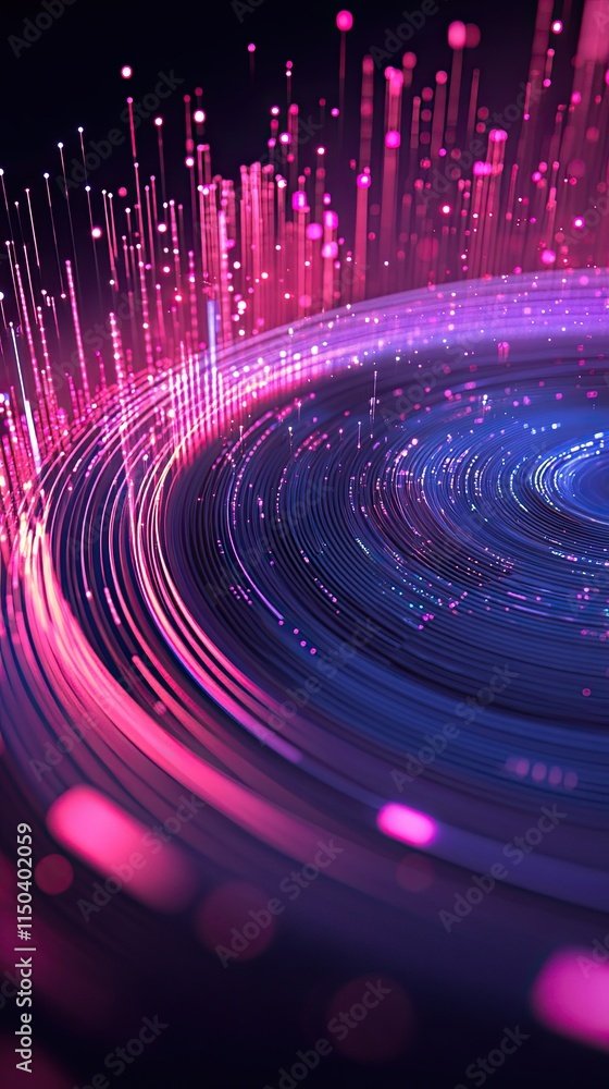 Poster abstract visualization of neon light trails and glowing particles in motion