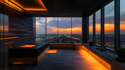 Fototapeta premium A high-rise spa room with a heated stone bench ambient lighting and an incredible view of the bustling city below.