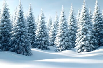 Naklejka premium A serene winter landscape featuring snow-covered evergreen trees, creating a tranquil and picturesque scene under a clear, blue sky.