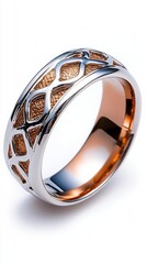 A photostock of polished silver rings with intricate patterns, modern and luxurious, isolated on a clean white background, High Quality