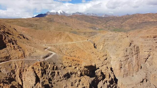 An aerial view of the beautiful himalayan mountain landscape at dhar lung wooh near hikkim village in the spiti valley, himachal pradesh, India