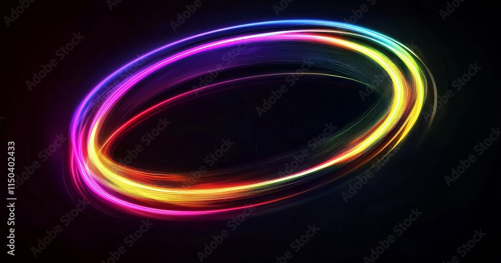 Poster colorful swirling light creates a vibrant circular pattern on a dark background, showcasing a dynami
