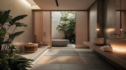 Fototapeta premium A Japanese-inspired chill-out space with tatami mats sliding paper doors and a low wooden table surrounded by warm lighting.
