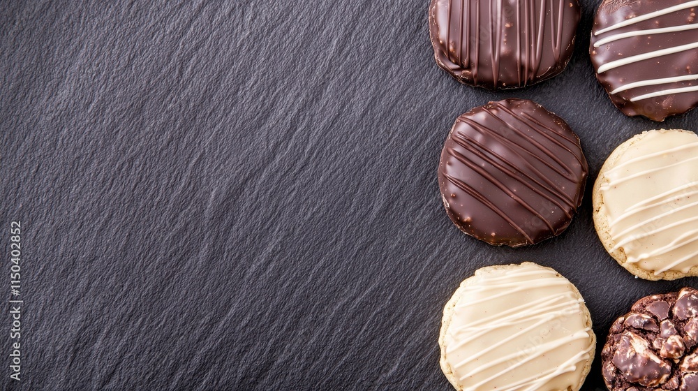 Poster Assorted Cookies on Slate Surface with Chocolate and White Drizzle