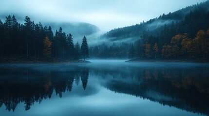 Fototapeta premium A serene, foggy lake surrounded by mountains and autumn trees, reflecting tranquil waters.