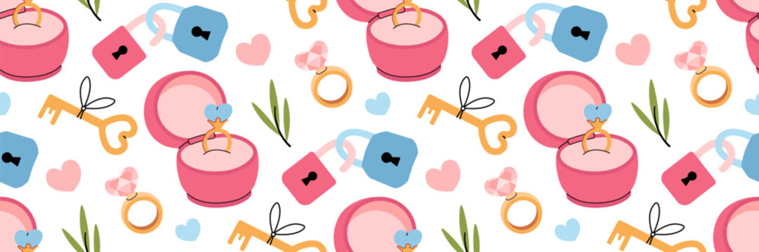 Marry me seamless pattern. Engagement ring with diamond in pink box. Happy Valentines day background. Locks and a key are symbols of love. Wedding day cute clipart. For wallpaper. Vector illustration. - Powered by Adobe