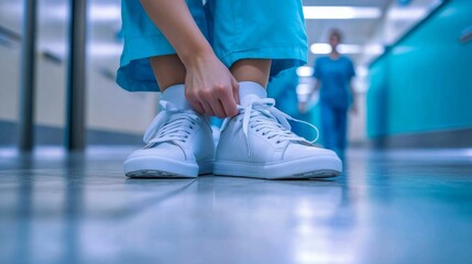 Medical Professional Tying Shoe in Hospital Environment, Ideal for Healthcare Themes