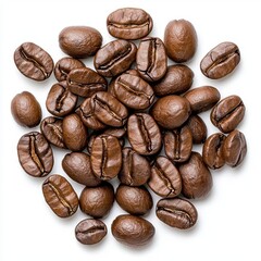 Obraz premium A photostock of scattered fresh coffee beans with a rich brown tone, natural and detailed, isolated on a clean white background, High Quality