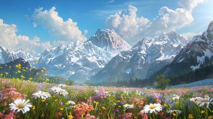 A captivating alpine valley filled with vivid daisies against snow capped mountains and a sunny sky