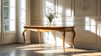 A linden wood table with curved legs displayed in a classic drawing room photographed in soft diffused light.