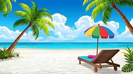 Fototapeta premium Tropical Beach Paradise with Palm Trees and Colorful Umbrella, Idyllic Summer Beach Scene with Lounger and Ocean View, Relaxing Tropical Getaway with White Sand and Clear Blue Sky