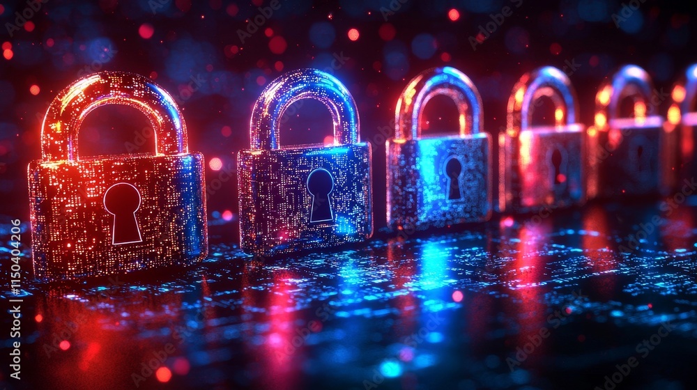 Aufkleber digital locks glowing with red and blue lights create a futuristic atmosphere amid a cyber theme in 