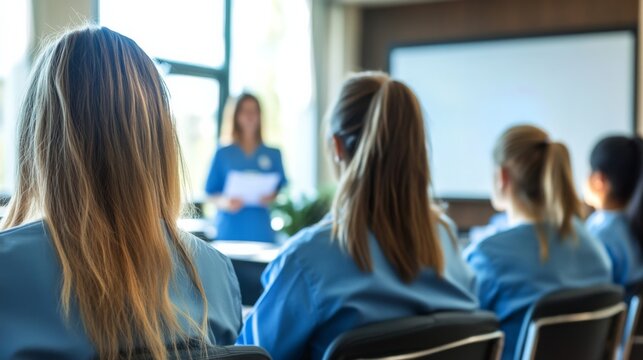 Healthcare professionals at medical seminar focusing on continuous education and professional development in conference room setting