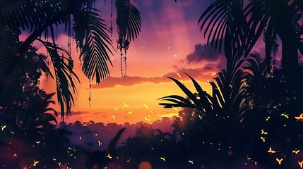 Fototapeta premium Silhouetted palm trees frame a vibrant orange and purple sunset over a distant jungle.