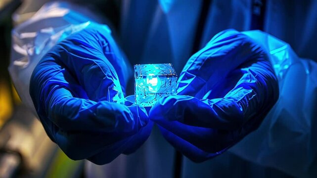 A pair of gloved hands holding up a small glowing device signaling a successful detection of neutrinos.