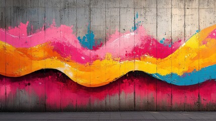 Colorful abstract wave mural on concrete wall.