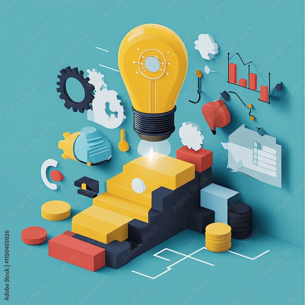 Poster conceptual representation of innovation and growth with a light bulb over stair-like structures, ill
