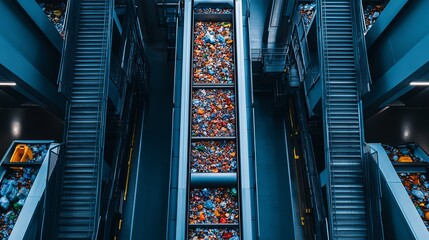Top-down view of a waste management facility showing colorful waste material in vertical chutes between metal staircases