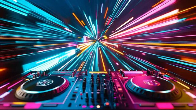 A DJ booth with vibrant lights and sound equipment. music concept