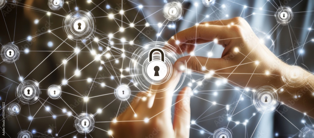 Poster hands interacting with a digital network representing cybersecurity and data protection in a modern 