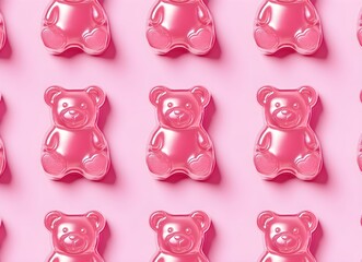 Assorted gummy bears in various colors displayed in a random pattern, colorful jelly bears arranged meticulously, generative AI.